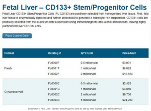A price sheet from StemExpress, one of the fetal parts buyers Planned Parenthood works with.
