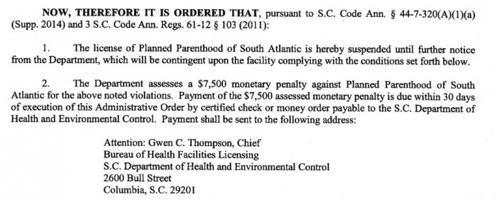 Planned Parenthood south atlantic monetary fine suspended abortion inspection