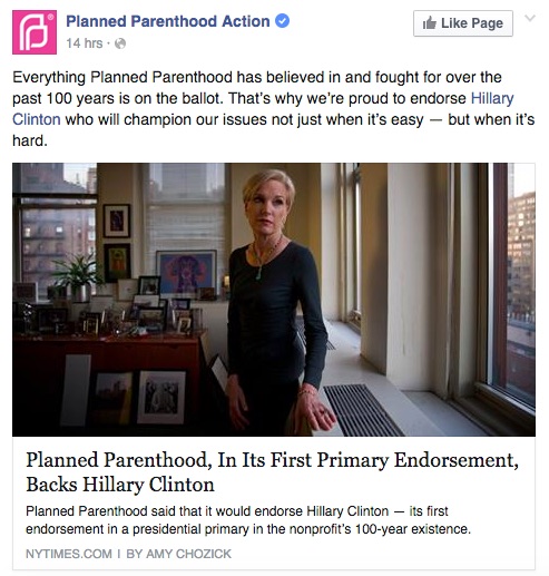 Planned Parenthood endorses Hillary Clinton for president, HRC, FB