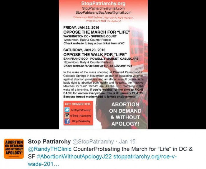 Stop Patriarchy March for Life Oakland Tweet