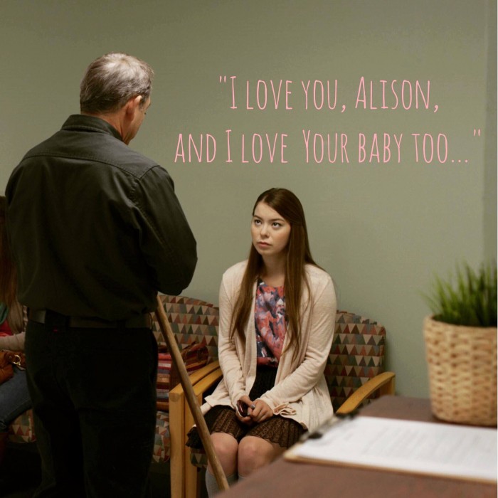 Bruce Marchiano as the janitor (God) trying to convince Alison not to kill her baby.