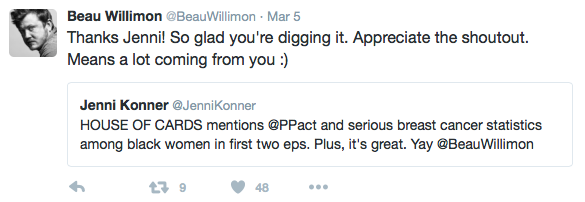 "House of Cards" writer/creator Beau Willimon thanks "Girls" writer/producer Jenni Konner for acknowledging Planned Parenthood mention.