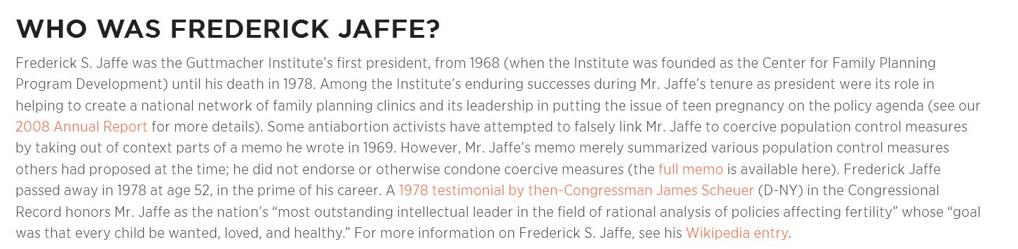 Screen from Guttmacher Institute website shows Frederick S. Jaffe as first president
