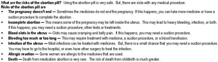 Image from Planned Parenthood consent form on abortion pill risks
