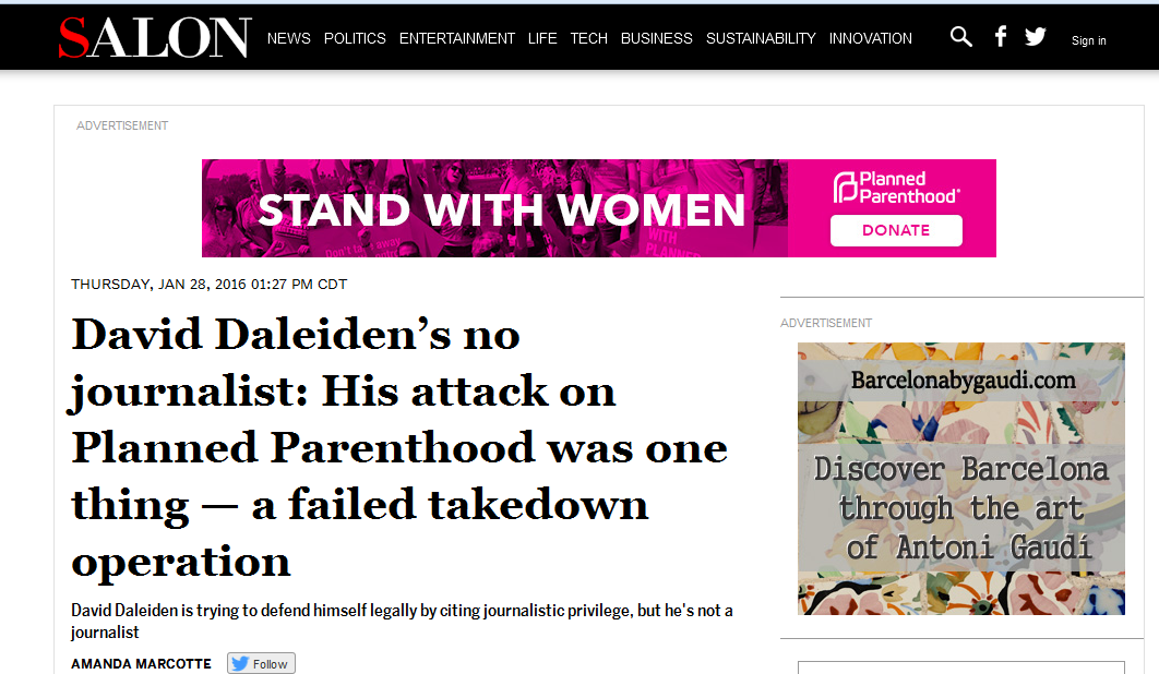 Screen grab of Salon Magazine says David Daleiden is not a journalist while running donate adds for Planned Parenthood 