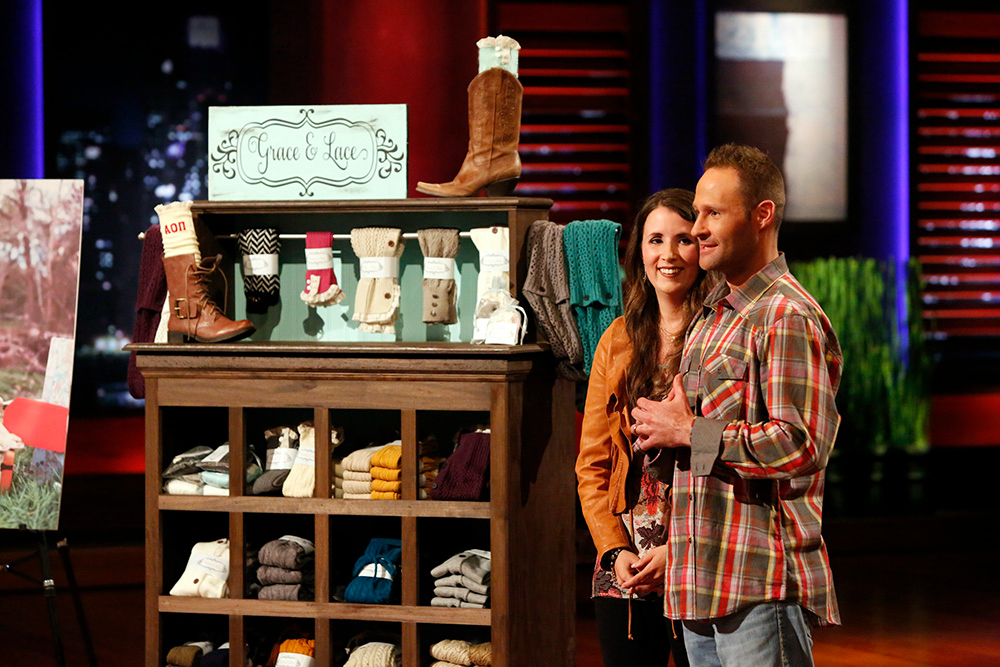 SHARK TANK - "Episode 511" - A husband & wife team from Austin, TX shock the Sharks' with their extremely lucrative online sales for knee-high boot socks. Two publicists from Santa Monica, CA created a stylish clutch for easy access to your smart phone and just the essentials. A couple from San Ramon, CA solve a school day dilemma by providing kids a way to personalize and create their own lunchbox designs, and a finance expert from Long Island City, NY has a sweet take on customizing the chocolate bar of your dreams. Also, an update on Corey Ward & Trew Quackenbush from Cincinnati, OH and Tom + Chee, their gourmet grilled cheese sandwiches made with artisan cheese and glazed donuts, which Barbara Corcoran and Mark Cuban invested in during Season 4, on "Shark Tank," FRIDAY, NOVEMBER 22 (9:00-10:01 p.m., ET) on the ABC Television Network. (ABC/Kelsey McNeal) MELISSA HINNANT, RICK HINNANT (GRACE AND LACE)
