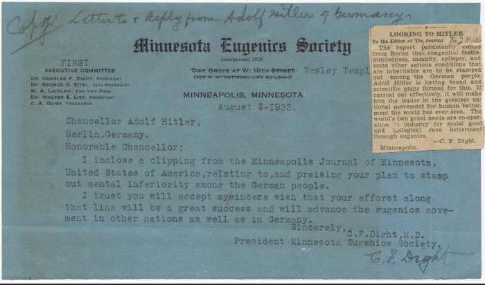 Charles F Dight letter to Hitler ( Image from document provided by the Minnesota Historical Society) 