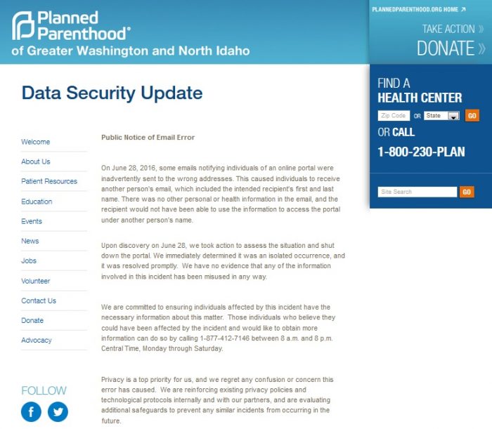Planned Parenthood Data Security Update 