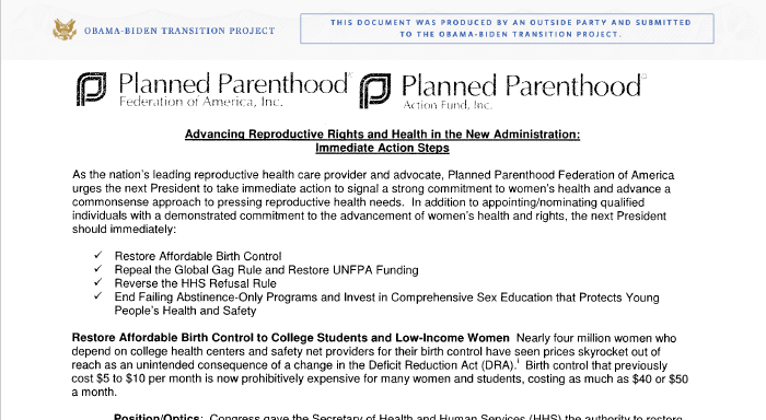 Planned Parenthood wish list to Obama Biden Transition Project 