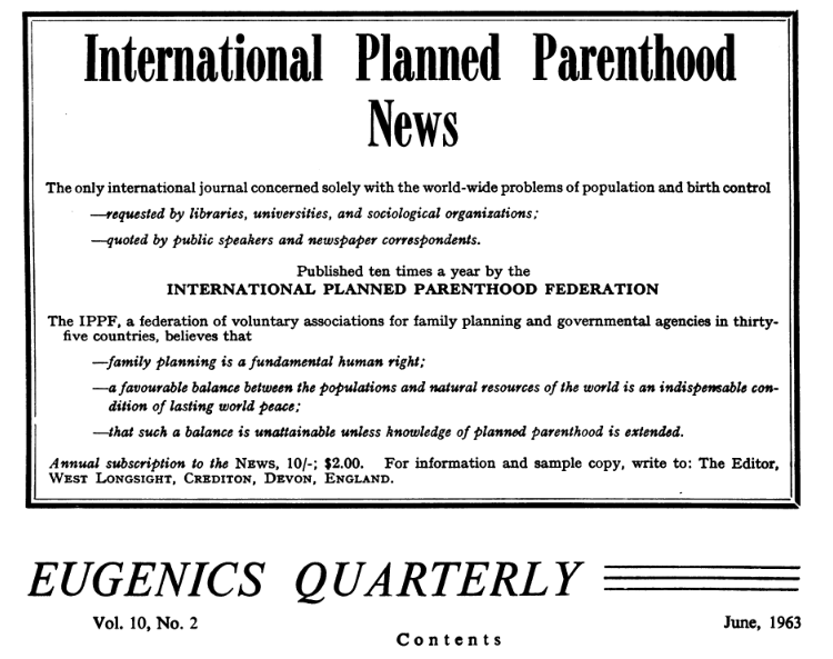 1963 Advertisement from Planned Parenthood in the Eugenics Review Quarterly 
