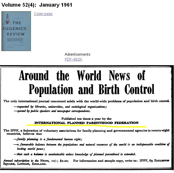 1961 advertisement from Planned Parenthood in the Eugenics Review 