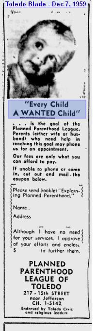 1959 Planned Parenthood ad in the Toledo Blade 